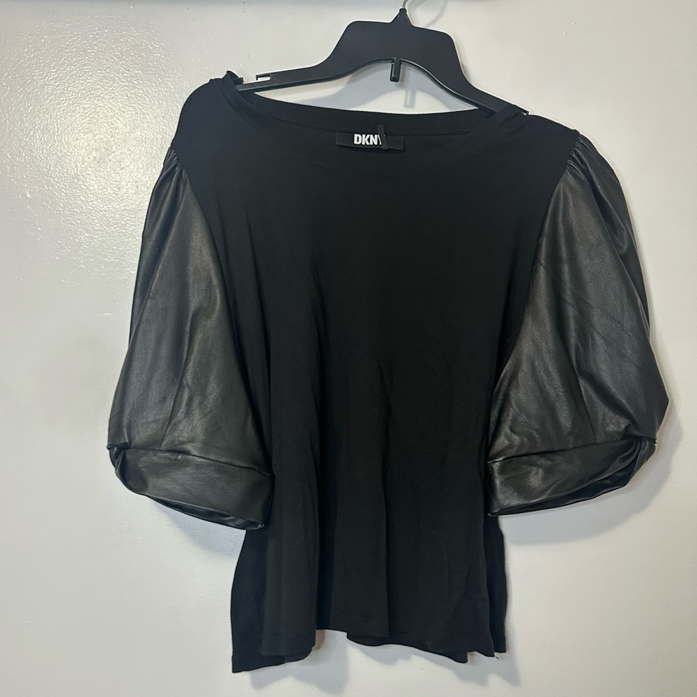 DKNY Faux Leather Puff Sleeve Top - Picture 3 of 7